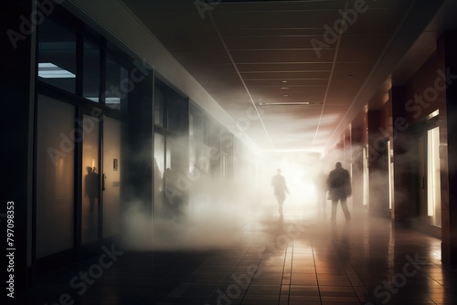 People walk along a smoke-filled corridor to escape the fire