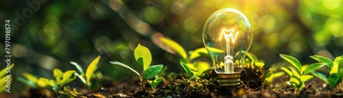Light bulb growing out of soil with green leaves photo