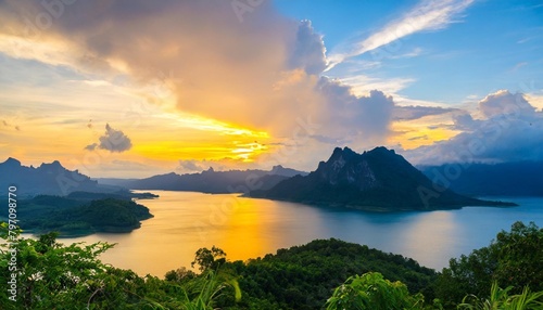 beautiful scenery during sunset of ratchaprapa dam cheow lan dam viewpoint at surat thani province in thailand this is very popular for photographers and tourists photo