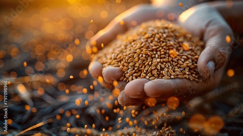 In the hand of a farmer are graphs depicting reduced production and rising grain prices. Wheat seeds are being priced higher on the graph. Concept of reducing production, shortage of grain crops, and