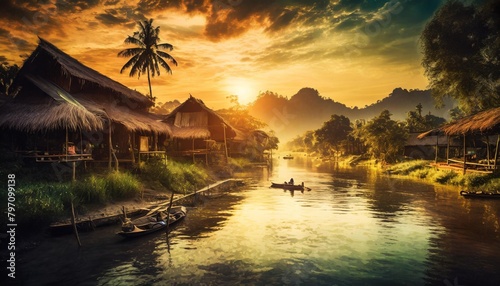 painting style illustration of beautiful nature landscape of rural countryside of southeast asian village at riverside at sunset time generative ai photo