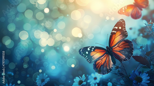 background with border of butterlies against blue and golden bokeh for text photo