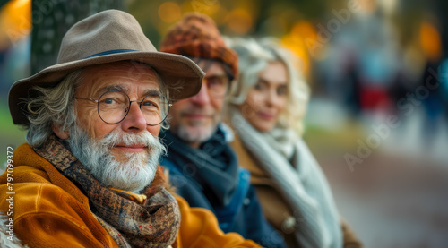 Portrait of a mature man with glasses, beard and hat looking directly at the camera accompanied by friends