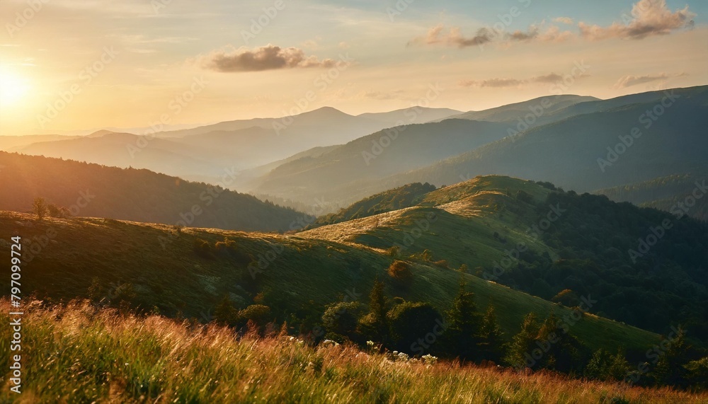 carpathian mountain range in summer at sunset landscape with forested hills and grassy meadows rolling down in to the valley in evening light travel ukraine