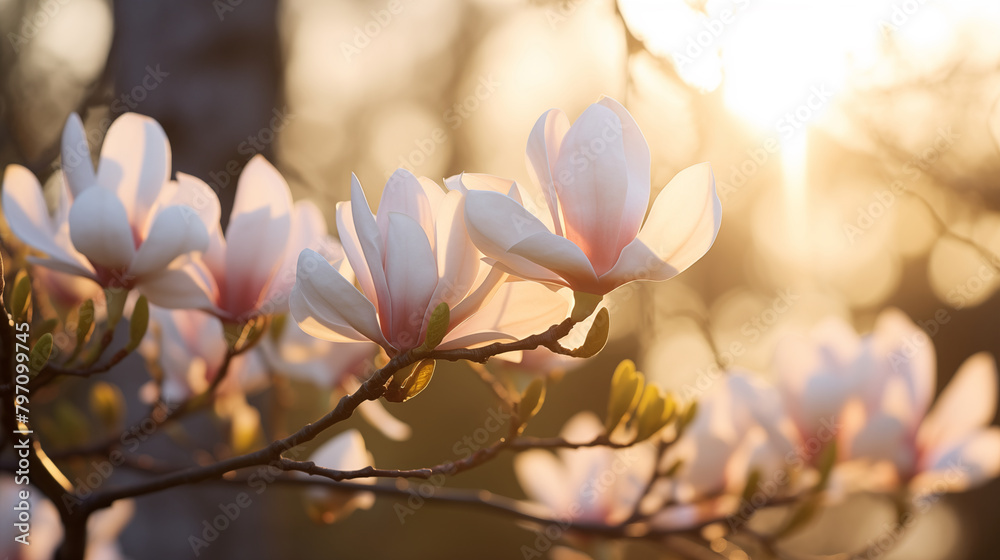 magnolia tree blossom in morning sunlight magnolia tree blossom in morning sunlight