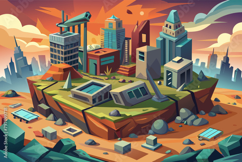A dystopian cityscape with crumbling buildings in 3D illustration