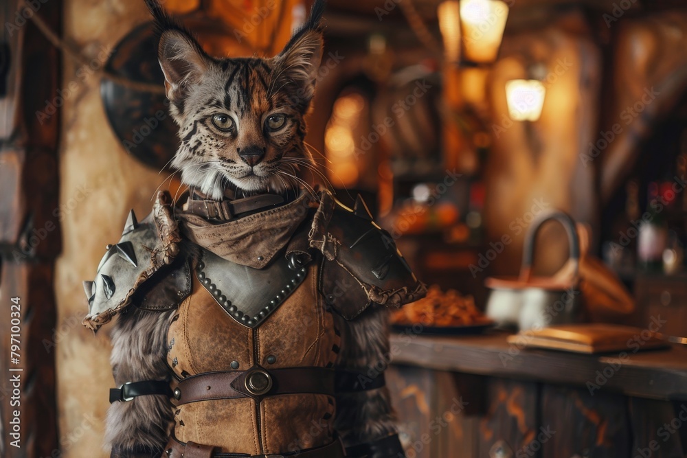 Fantasy warrior cat in armor standing in a medieval tavern