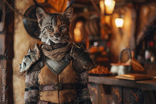 Fantasy warrior cat in armor standing in a medieval tavern