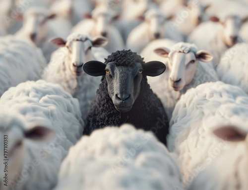 Black sheep standing out in a crowd of white sheep photo