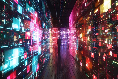 A person stands in a vivid  futuristic corridor lined with glowing  multicolored digital panels  casting dynamic light reflections.