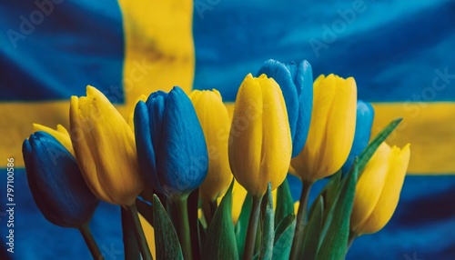 image of beautiful multi colored tulips against the background of the flag of sweden