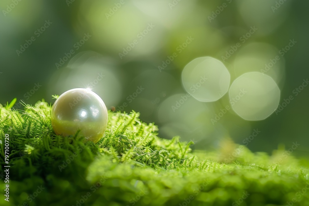 Pearl resting on lush green moss under sunlight Pearl resting on lush green moss under sunlight