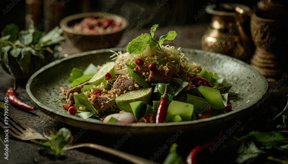 spicy minced duck salad with green vegetables and chillies