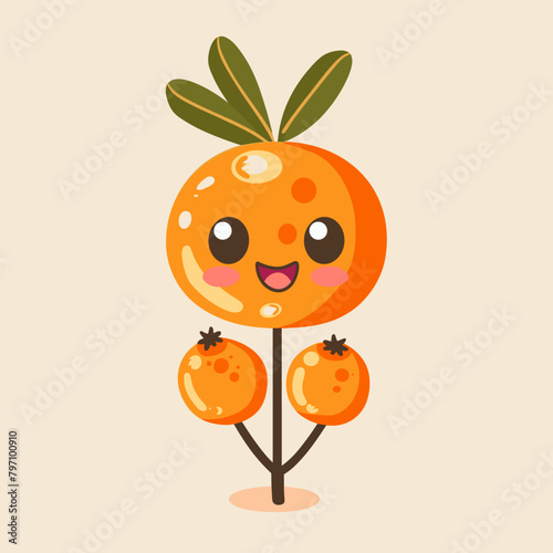 Cute kawaii sea buckthorn character. Vector illustration.