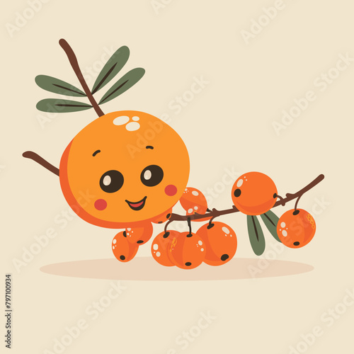 Cute orange sea buckthorn berries character. Vector illustration.