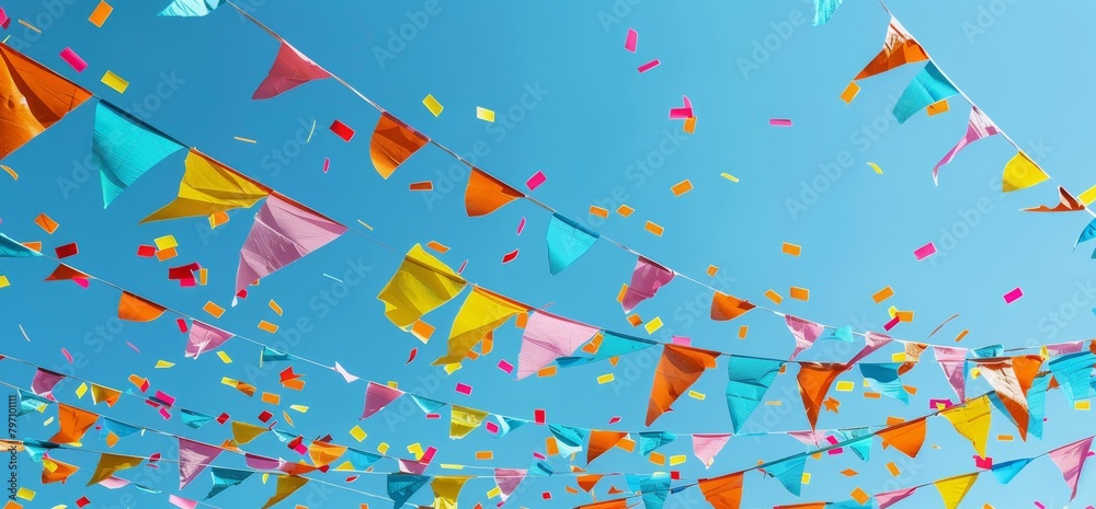 Colorful flags and banners hanging in the sky during festivals Generative AI Colorful flags and banners hanging in the sky during festivals Generative AI