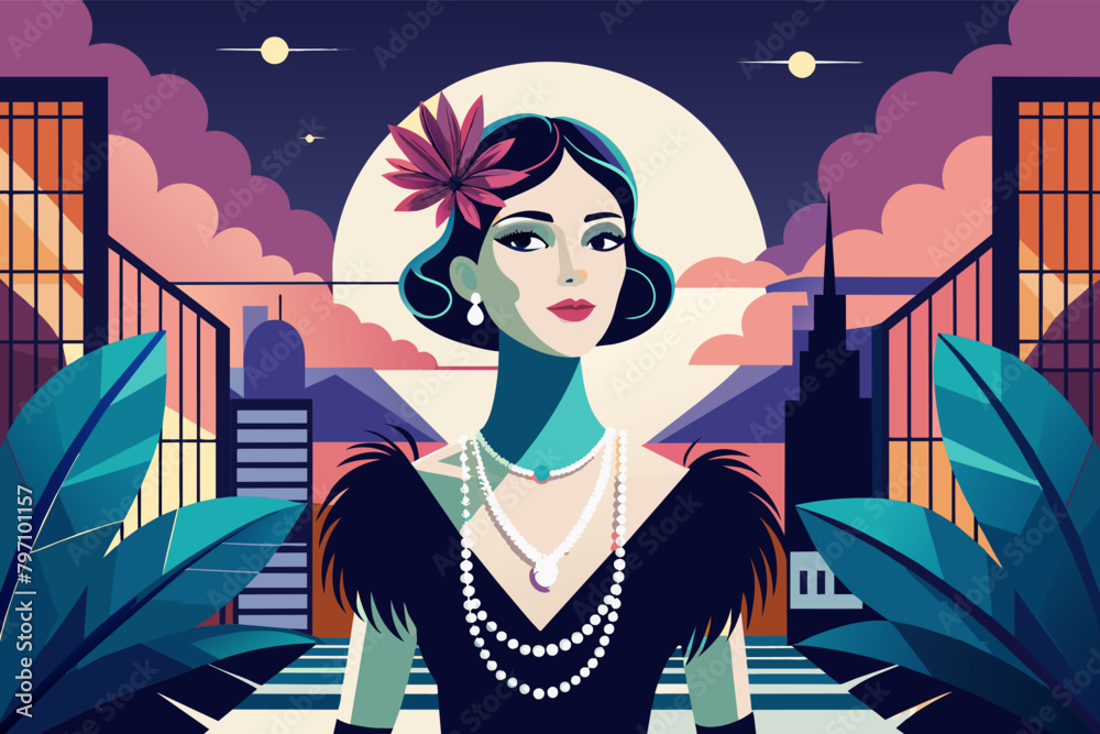 A fashion illustration inspired by the glamorous art deco era A fashion illustration inspired by the glamorous art deco era