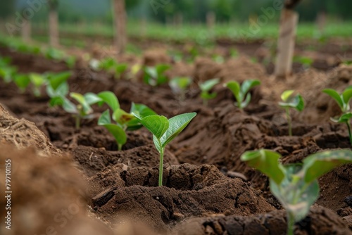 Young plant sprouting from fertile soil in a farm field