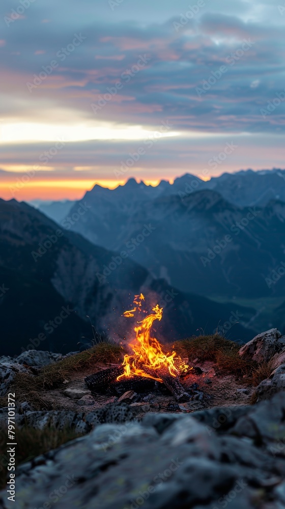Campfire in mountain wilderness at sunset