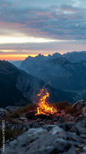 Campfire in mountain wilderness at sunset