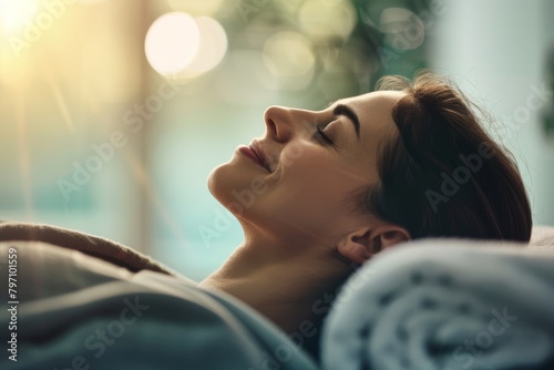 Woman relaxing at home with a serene expression