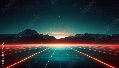 retro sci fi background futuristic landscape of the 80s digital cyber surface suitable for design in the style of the 1980 s photo