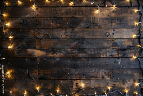 Festive string lights on a rustic wooden background