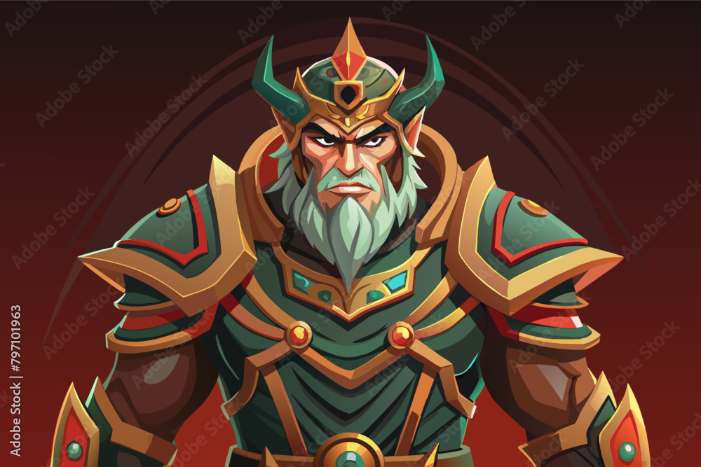 A fierce warrior with intricate armor and a stern expression in 3D character design