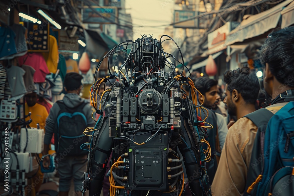 Futuristic cyborg walking through a crowded market street