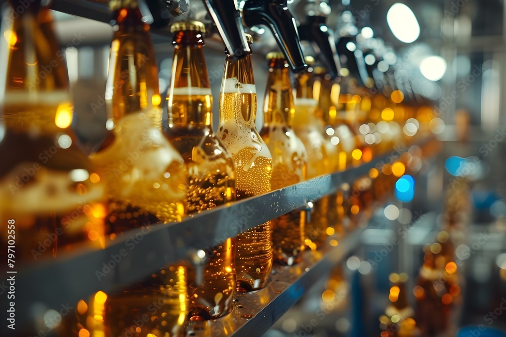 Beer being filled into bottles at a brewery. Concept Brewery Process, Beer Bottling, Craft Beer Production