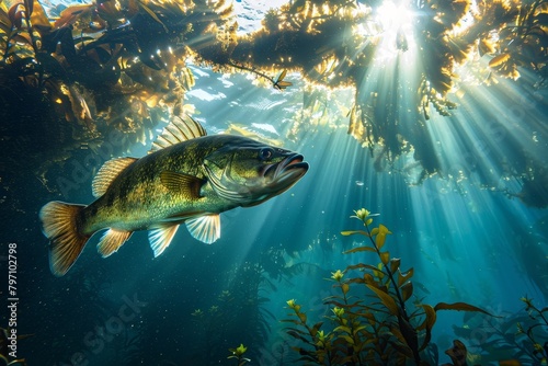 Sunlight Filtering Through Water Illuminating a Fish in a Serene Underwater Scene