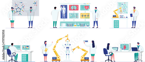 Scientists presenting molecular structures, researchers analyzing medical data, laboratory work. Engineers operating robotics artificial intelligence modern technology setting. Medical professionals
