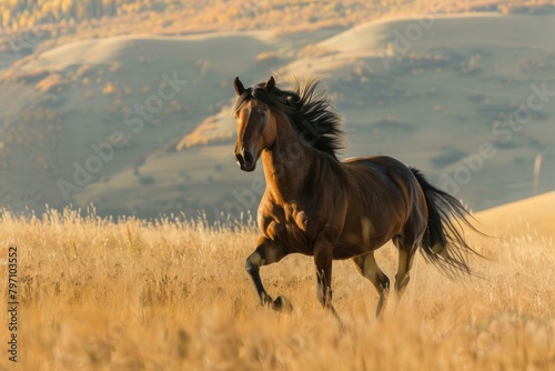 A horse gallops across grassland with mountains in the backdrop