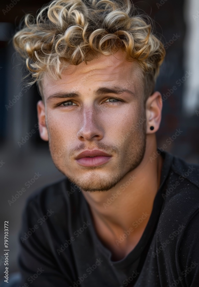 Portrait of a young man with curly blonde hair and piercing eyes