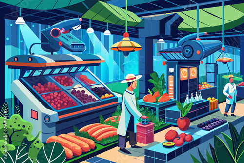 A futuristic food market selling lab-grown meat, exploring alternatives to traditional agriculture