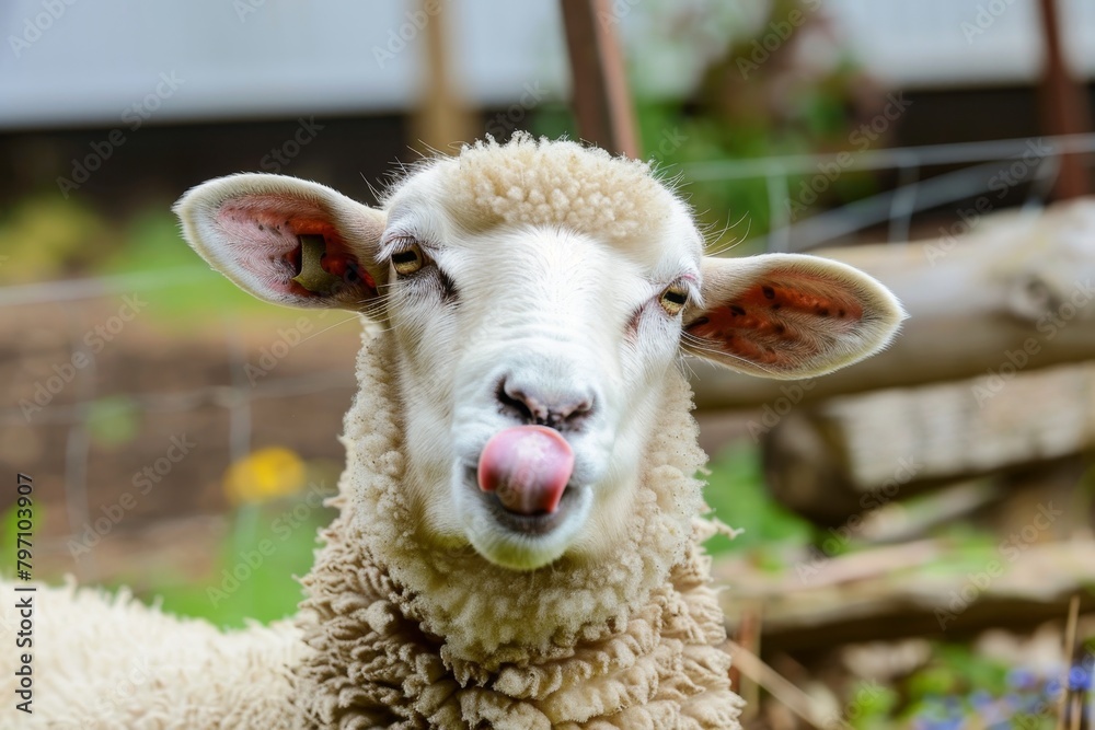 Sheep licking its nose in a farm setting