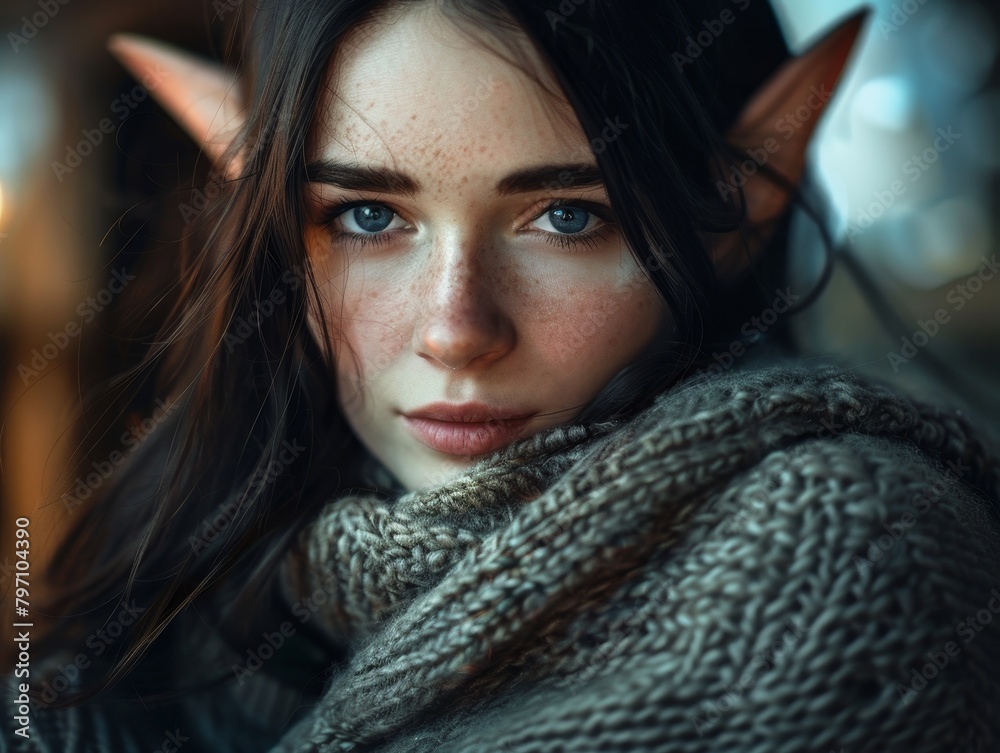 Mystical elf woman with captivating eyes in a cozy setting Mystical elf woman with captivating eyes in a cozy setting