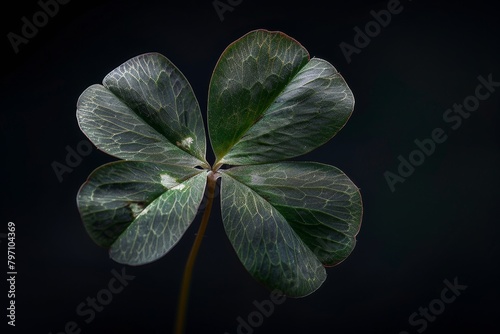 Close-up of a vibrant four-leaf clover against a dark background