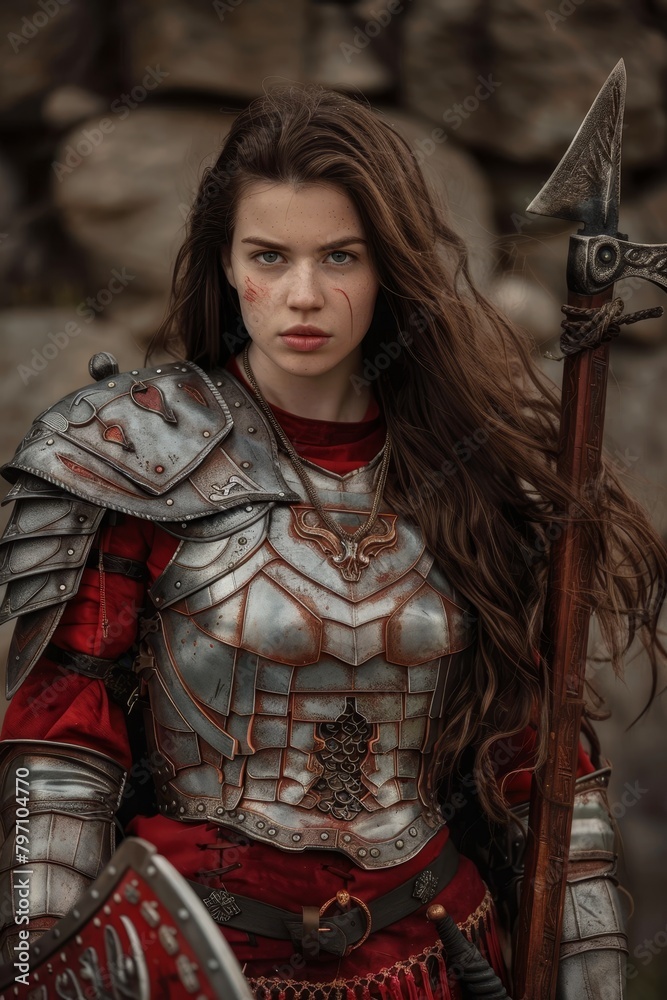 Medieval warrior woman in armor holding a spear and shield