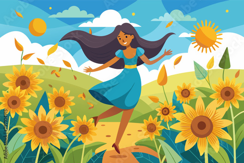 A girl dancing in a field of sunflowers