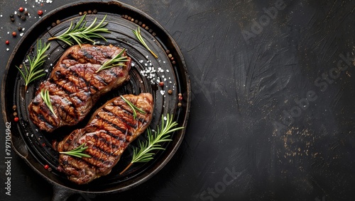 Grilled steak with rosemary on a cast iron skillet photo