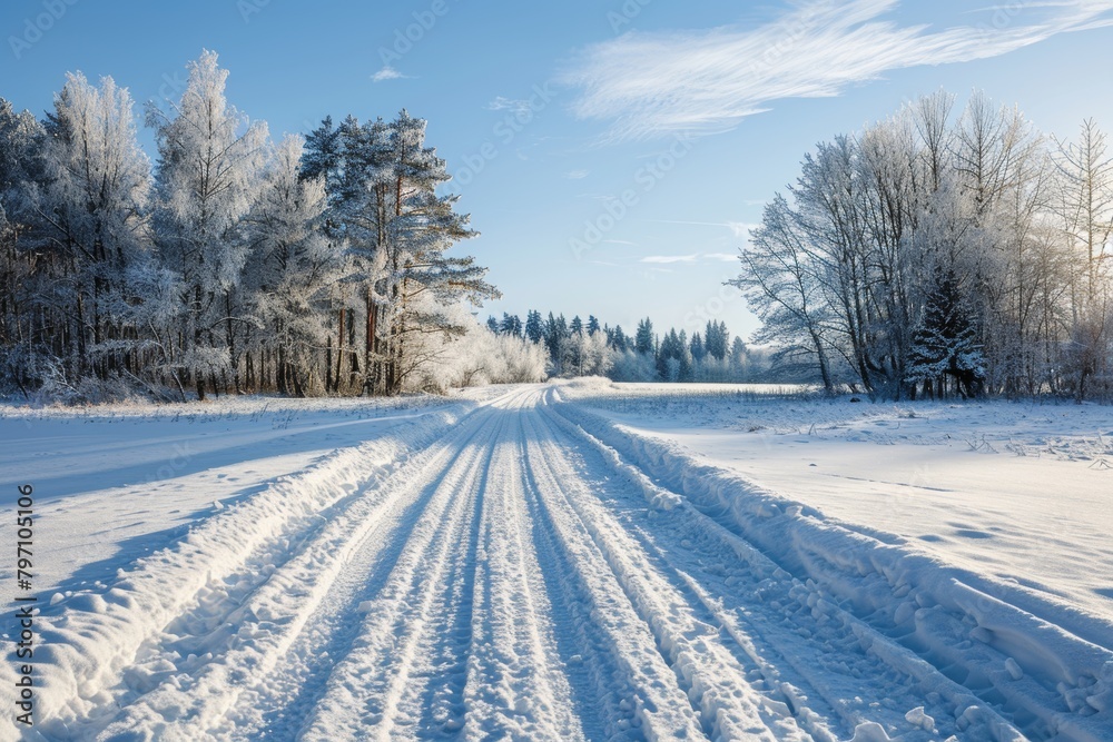 Obraz premium Winter Wonderland: Snow-Covered Trees and Road Under a Clear Blue Sky