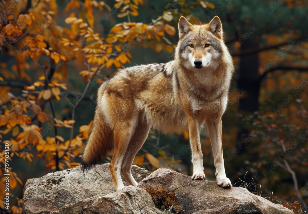 Fototapeta premium Majestic wolf standing on a rock in autumn forest