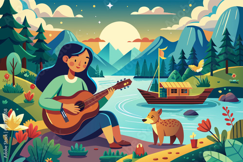 A girl playing a soft melody on her guitar, serenading the wildlife during a river boat ride
