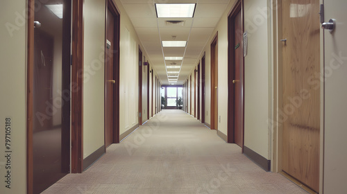 A long hallway in an office building with doors on each side. leading to various rooms. The hall is welllit and has carpeted floor