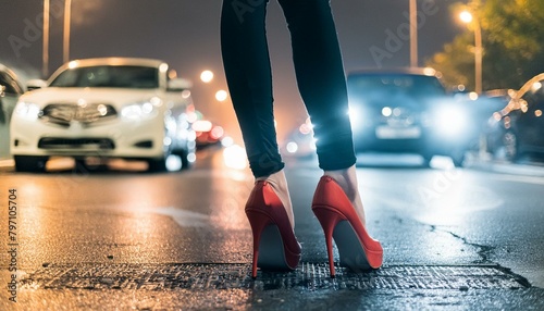 Frau mit high heels nachts auf eine Straße.  photo