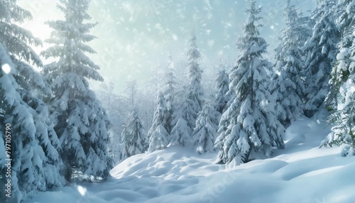 snowfall in winter forest beautiful landscape with snow covered fir trees and snowdrifts merry christmas and happy new year greeting background with copy space winter fairytale © Jaelynn