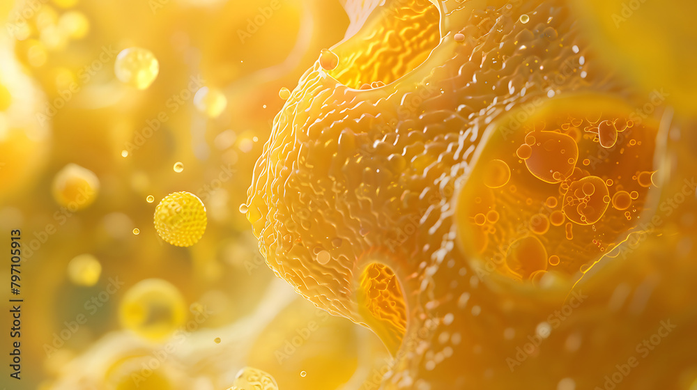 A magnified perspective of animal cell architecture against a yellow setting. with a collection of cells at the heart and diminutive dots around them. The dominant color scheme is mainly light yellow A magnified perspective of animal cell architecture against a yellow setting. with a collection of cells at the heart and diminutive dots around them. The dominant color scheme is mainly light yellow