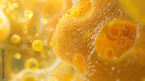 A magnified perspective of animal cell architecture against a yellow setting. with a collection of cells at the heart and diminutive dots around them. The dominant color scheme is mainly light yellow photo