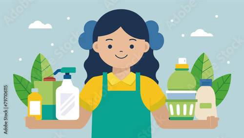 A woman proudly showing off her homemade cleaning products made from natural and affordable ingredients.